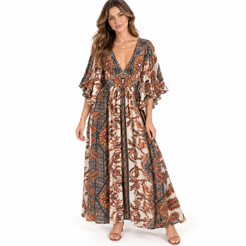 Free People Printed Fern Maxi Dress V-Neck Dolman Sleeve Lined Chiffon sz 6